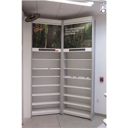 2 Sections of Metal Wall-Mount Shelving (Each Section 37"W x 16"D x 10ft Tall), Top has cabinet door