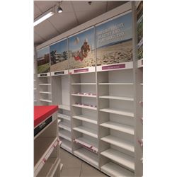 4 Sections of Metal Wall-Mount Shelving (Each Section 36"W x 16"D x 10ft Tall), Top has cabinet door