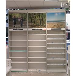 3 Sections Metal Wall-Mount Shelving (Each Section 36"W x 16"D x 10ft Tall), Top has cabinet doors