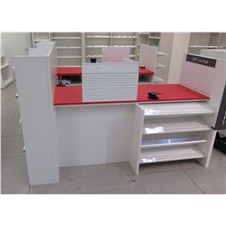 Reception/Cashier Station with Red Countertops, Cabinets, 3-Section Shelving Unit