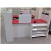 Image 1 : Reception/Cashier Station with Red Countertops, Cabinets, 3-Section Shelving Unit