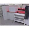Image 2 : Reception/Cashier Station with Red Countertops, Cabinets, 3-Section Shelving Unit