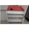 Image 3 : Reception/Cashier Station with Red Countertops, Cabinets, 3-Section Shelving Unit