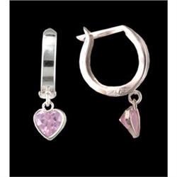 14K White (not plated) Pink CZ Heart Hoop Earri