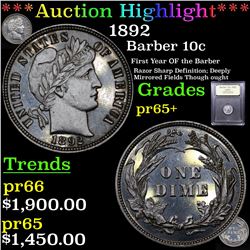 Proof ***Auction Highlight*** 1892 Barber Dime 10c Graded GEM+ Proof BY USCG (fc)