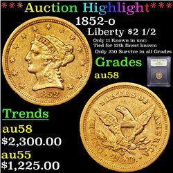 ***Auction Highlight*** 1852-o Gold Liberty Quarter Eagle $2 1/2 Graded Choice AU/BU Slider By USCG 