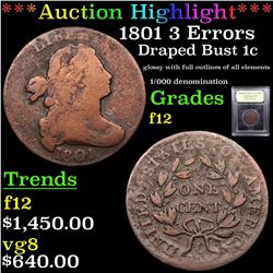 ***Auction Highlight*** 1801 3 Errors Draped Bust Large Cent 1c Graded f, fine BY USCG (fc)