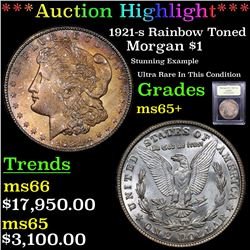 ***Auction Highlight*** 1921-s Rainbow Toned Morgan Dollar $1 Graded GEM+ Unc By USCG (fc)