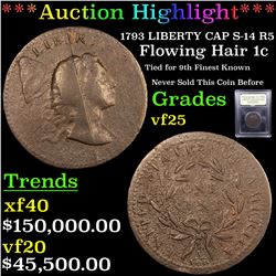 *Highlight Of Entire Auction*  1793 LIBERTY CAP S-14 R5 Flowing Hair 1c Graded vf+ By USCG (fc)