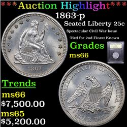 ***Auction Highlight*** 1863-p Seated Liberty Quarter 25c Graded GEM+ Unc By USCG (fc)