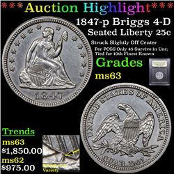***Auction Highlight*** 1847-p Briggs 4-D Seated Liberty Quarter 25c Graded Select Unc By USCG (fc)