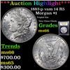Image 1 : ***Auction Highlight*** 1883-p vam 14 I2 R5 Morgan Dollar $1 Graded GEM+ Unc By USCG (fc)