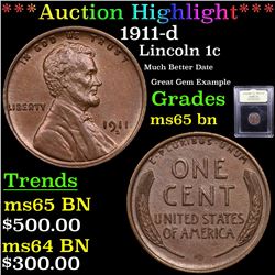 ***Auction Highlight*** 1911-d Lincoln Cent 1c Graded GEM Unc BN BY USCG (fc)