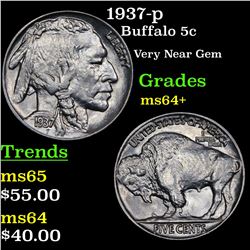 1937-p Buffalo Nickel 5c Grades Choice+ Unc
