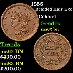 1855 Braided Hair Half Cent 1/2c Grades Select Unc BN