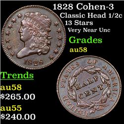 1828 Cohen-3 Classic Head half cent 1/2c Grades Choice AU/BU Slider
