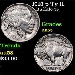 1913-p Ty II Buffalo Nickel 5c Grades Choice AU