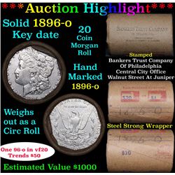Full solid key date 1896-o Morgan silver dollar roll, 20 coins