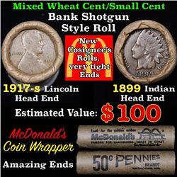 Mixed small cents 1c orig shotgun roll, 1917-s Wheat Cent, 1892 Indian Cent other end,McDnalds Wrapp