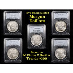 5 Unc Morgan $1 Graded By PCGS Mixed Dates From The McClaren Collection