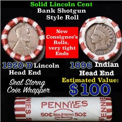 Mixed small cents 1c orig shotgun roll, 1920-d Wheat Cent, 1896 Indian Cent other end, N.F. String &