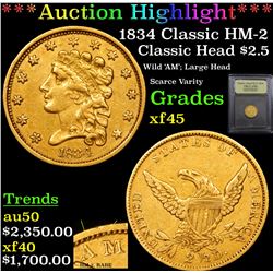 ***Auction Highlight*** 1834 Classic HM-2 Classic Head $2 1/2 Gold Graded xf+ By USCG (fc)