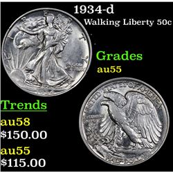 1934-d Walking Liberty Half Dollar 50c Grades Choice AU