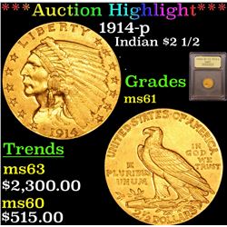***Auction Highlight*** 1914-p Gold Indian Quarter Eagle $2 1/2 Graded BU+ By USCG (fc)