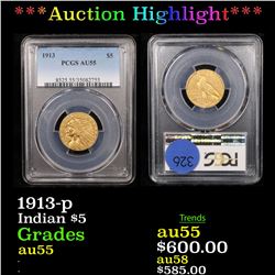 ***Auction Highlight*** PCGS 1913-p Gold Indian Half Eagle $5 Graded au55 By PCGS (fc)