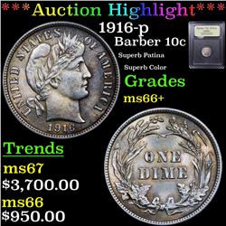 ***Auction Highlight*** 1916-p Barber Dime 10c Graded GEM++ Unc By USCG (fc)