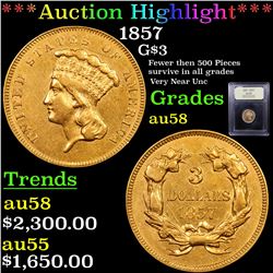 ***Auction Highlight*** 1857 Three Dollar Gold 3 Graded Choice AU/BU Slider By USCG (fc)