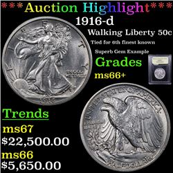 ***Auction Highlight*** 1916-d Walking Liberty Half Dollar 50c Graded GEM++ Unc By USCG (fc)