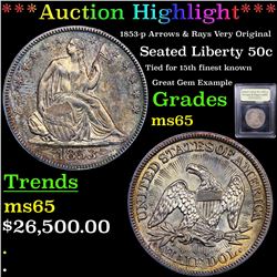 ***Auction Highlight*** 1853-p Arrows & Rays Very Original Seated Half Dollar 50c Graded GEM Unc By 