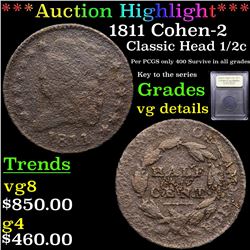 ***Auction Highlight*** 1811 Cohen-2 Classic Head half cent 1/2c Graded vg details By USCG (fc)