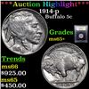 Image 1 : ***Auction Highlight*** 1914-p Buffalo Nickel 5c Graded GEM+ Unc By USCG (fc)