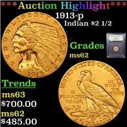 ***Auction Highlight*** 1913-p Gold Indian Quarter Eagle $2 1/2 Graded Select Unc By USCG (fc)