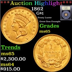 ***Auction Highlight*** 1862 Gold Dollar $1 Graded GEM Unc By USCG (fc)