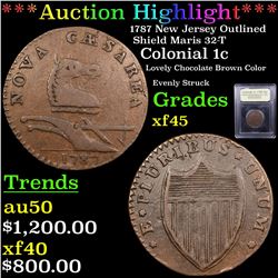 ***Auction Highlight*** 1787 New Jersey Outlined Shield Maris 32-T Colonial Cent 1c Graded xf+ By US