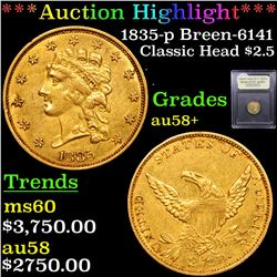 ***Auction Highlight*** 1835-p Breen-6141 Classic Head $2 1/2 Gold Graded Choice AU/BU Slider+ BY uS