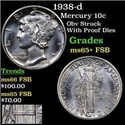 1938-d Mercury Dime 10c Grades GEM+ FSB