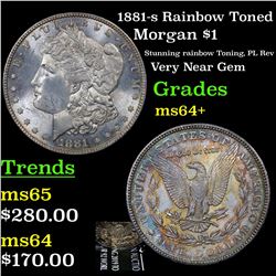 1881-s Rainbow Toned Morgan Dollar $1 Grades Choice+ Unc