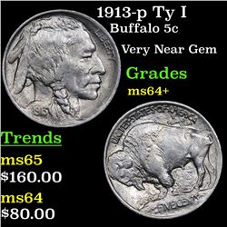 1913-p Ty I Buffalo Nickel 5c Grades Choice+ Unc