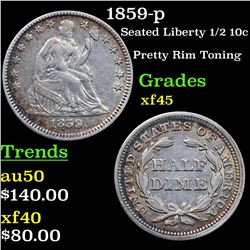 1859-p Seated Liberty Half Dime 1/2 10c Grades xf+
