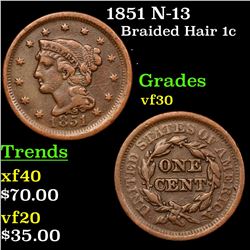 1851 N-13 Braided Hair Large Cent 1c Grades vf++