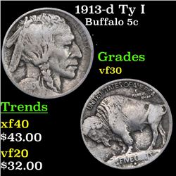 1913-d Ty I Buffalo Nickel 5c Grades vf++