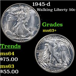 1945-d Walking Liberty Half Dollar 50c Grades Select+ Unc