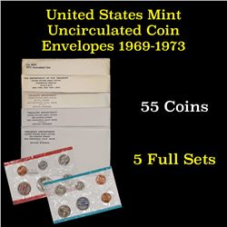 Group of 5 United States Mint Sets in Original Government Packaging 1969-1973 55 coins
