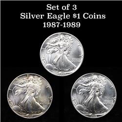 3 Silver Eagle $1 coins 1987-1989 Silver Eagle Dollar $1