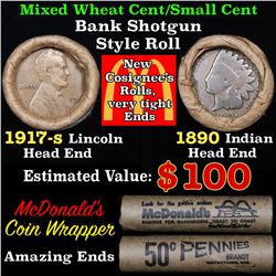 Mixed small cents 1c orig shotgun roll, 1917-s Wheat Cent, 1890 Indian Cent other end, McDonalds Wra