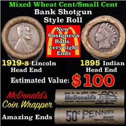 Mixed small cents 1c orig shotgun roll, 1919-sWheat Cent, 1895 Indian Cent other end, McDonalds Wrap